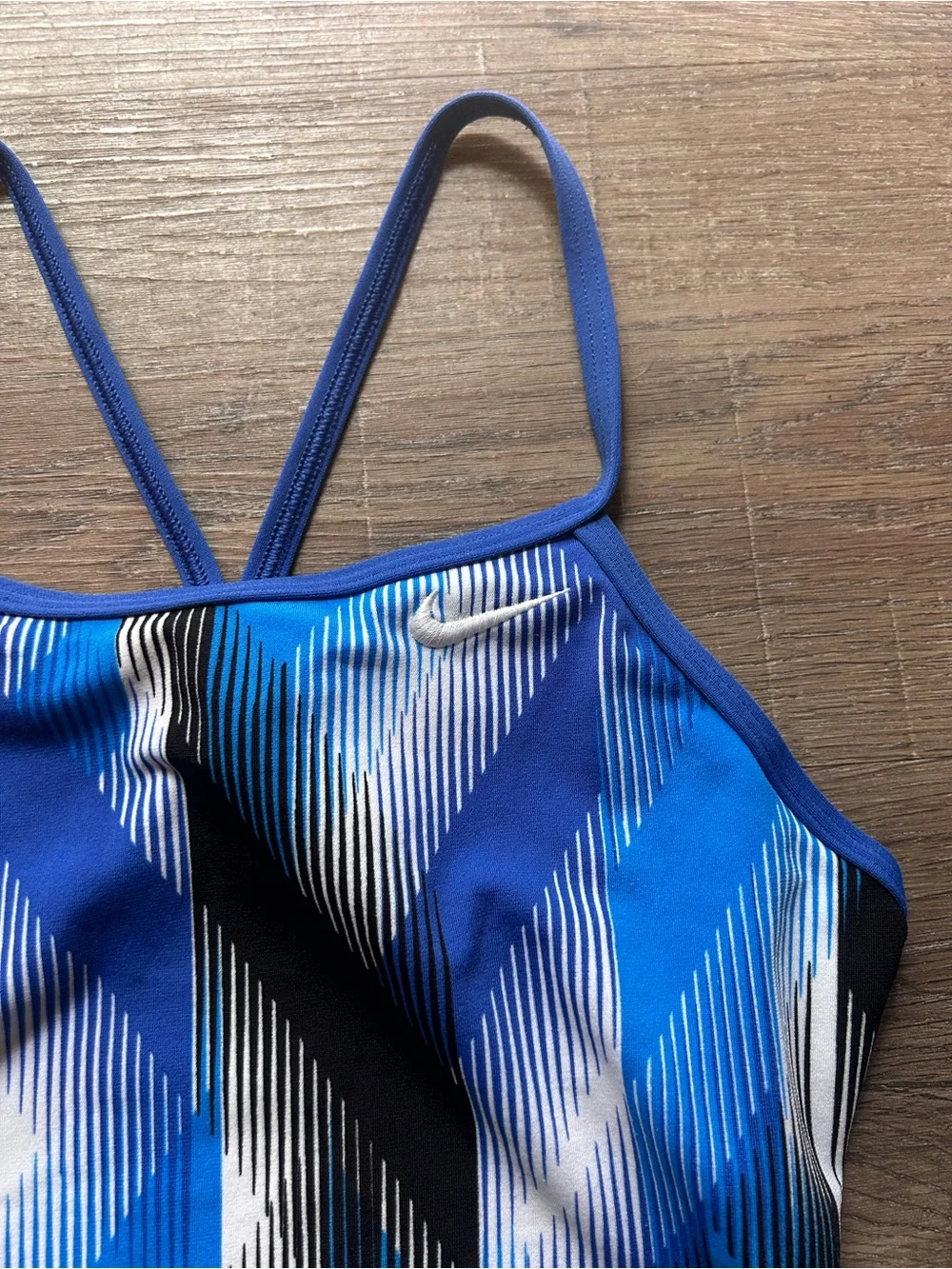 Nike Girls One Piece Swimsuit Size 12 Blue Black White Geometric Crossback